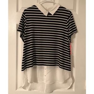 ELLE Split Hem Black and White Stripe Blouse